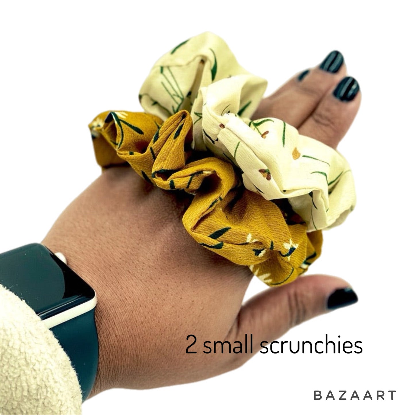 Floral Hair Scrunchies, Pack of 2, Small Hair Scrunchies, Spring Floral Gold and Cream