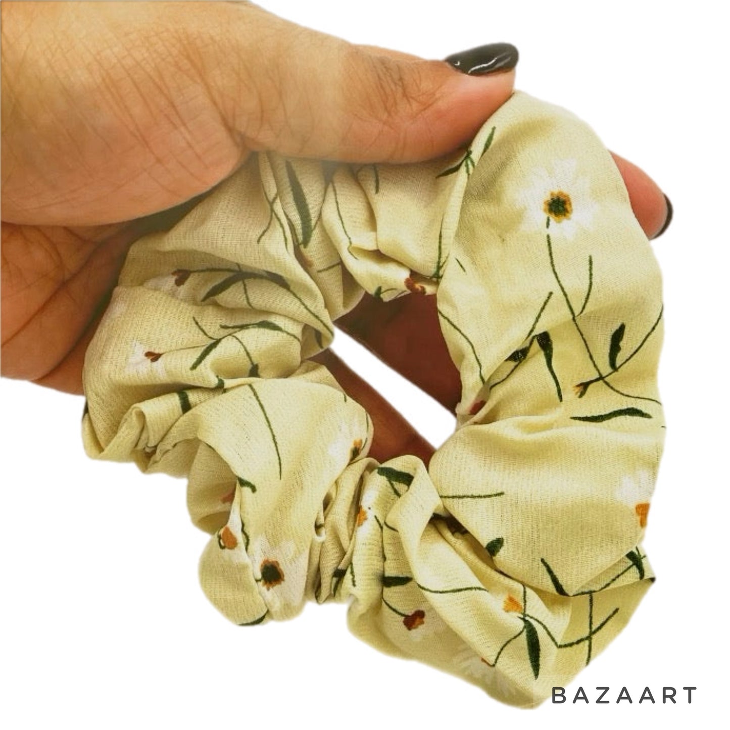 Floral Hair Scrunchies, Pack of 2, Small Hair Scrunchies, Spring Floral Gold and Cream