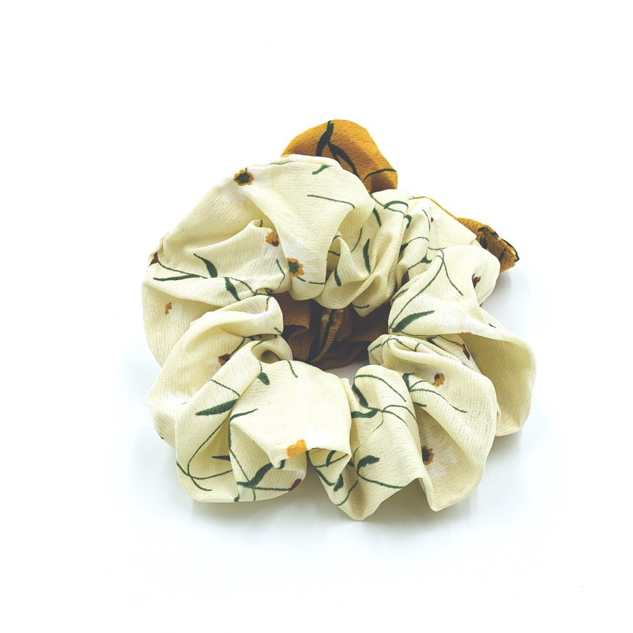 Floral Hair Scrunchies, Pack of 2, Small Hair Scrunchies, Spring Floral Gold and Cream