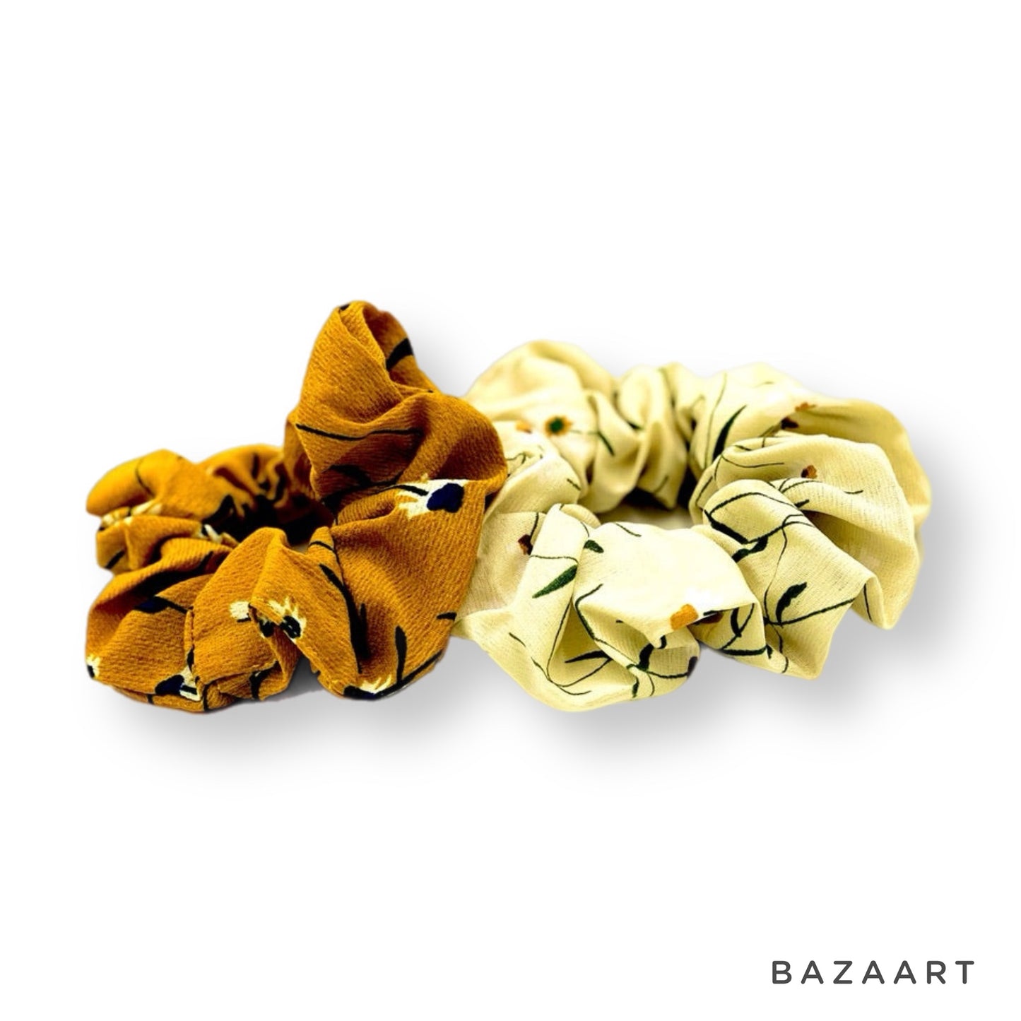 Floral Hair Scrunchies, Pack of 2, Small Hair Scrunchies, Spring Floral Gold and Cream