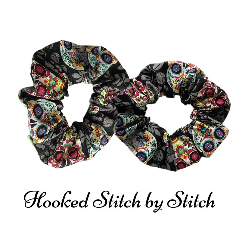 Dia de los Muertos Hair Scrunchies, Sugar Skulls, Halloween Hair Ties, Hair Scrunchy