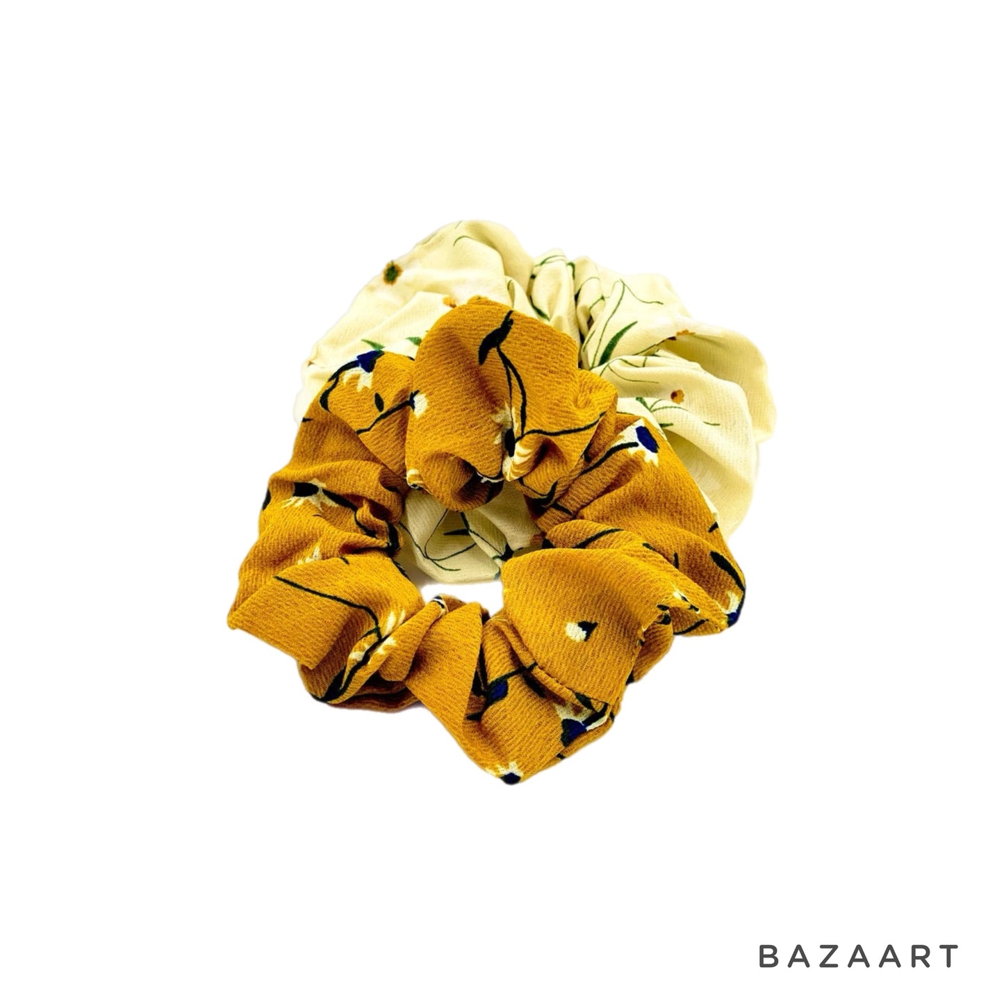 Floral Hair Scrunchies, Pack of 2, Small Hair Scrunchies, Spring Floral  Gold and Cream
