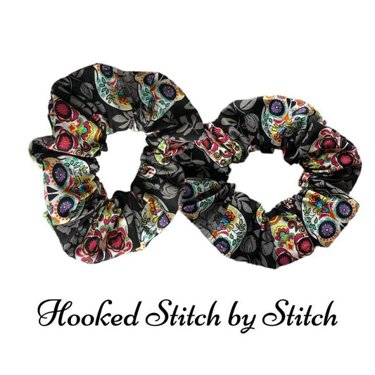 Dia de los Muertos Hair Scrunchies, Sugar Skulls, Halloween Hair Ties, Hair Scrunchy