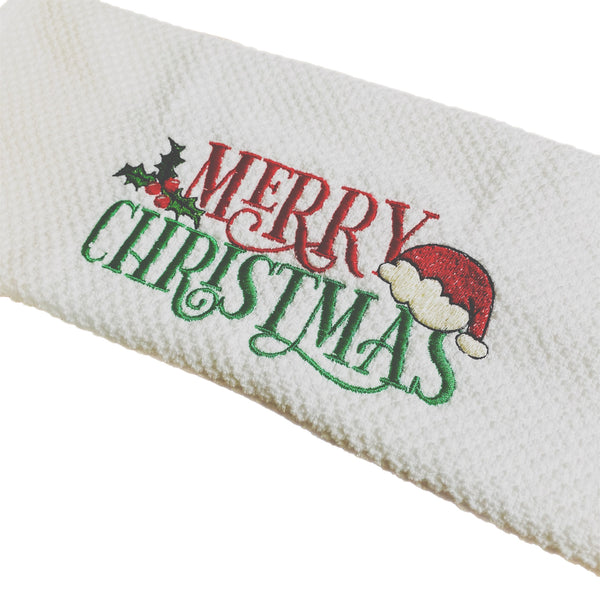 Embroidered Kitchen Towel | Merry Christmas | Santa Hat | Waffle Stitch Towel | Christmas Holiday Decor