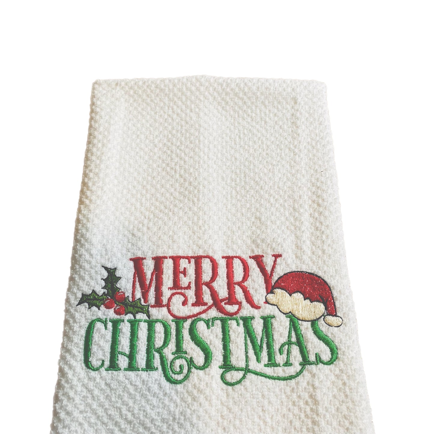 Embroidered Kitchen Towel | Merry Christmas | Santa Hat | Waffle Stitch Towel | Christmas Holiday Decor