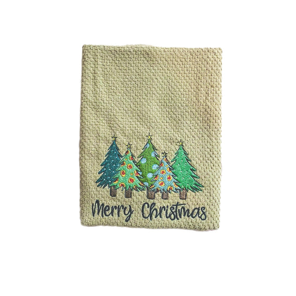 Embroidered Kitchen Towel | Merry Christmas | Christmas Trees | Waffle Stitch Towel | Christmas Holiday Decor